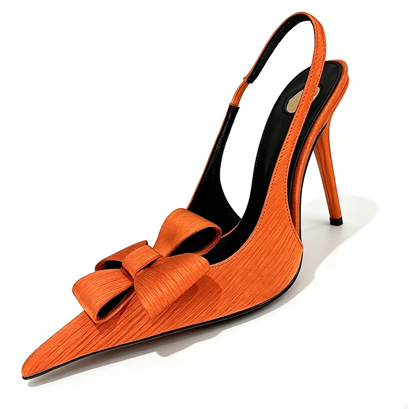 Silk bow decoration pointed shallow mouth Slingback luxury designer 10.5cm slim heel sexy evening dress shoes flower design women's wedding sho