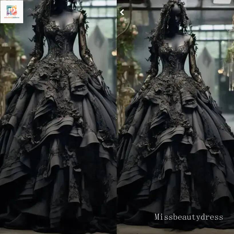 Gothic Style Dresses Elegant Black Lace A Line Bridal Gowns With 3D Florals Long Sleeves Plus Size Wedding Gown Robe De Soiree O16 Mb019
