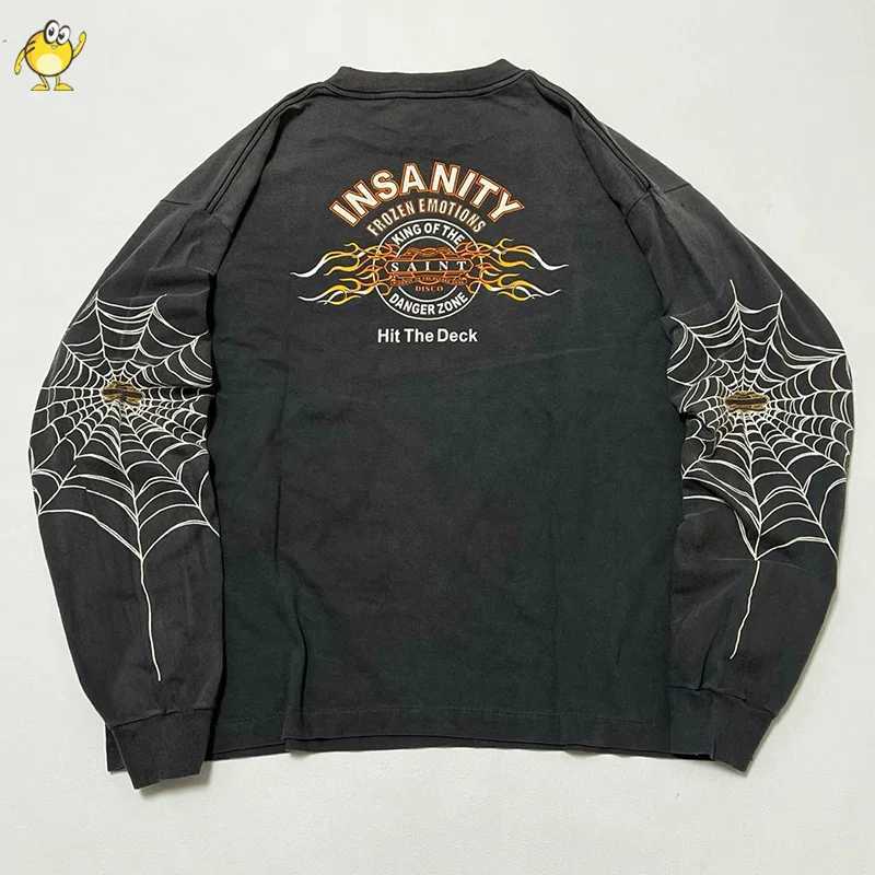 Spider Web SAINT Long Sleeve T Shirts Men Woman Best Quality Vintage Washed Do Old Damaged Round Neck Spring Autumn Top T261019