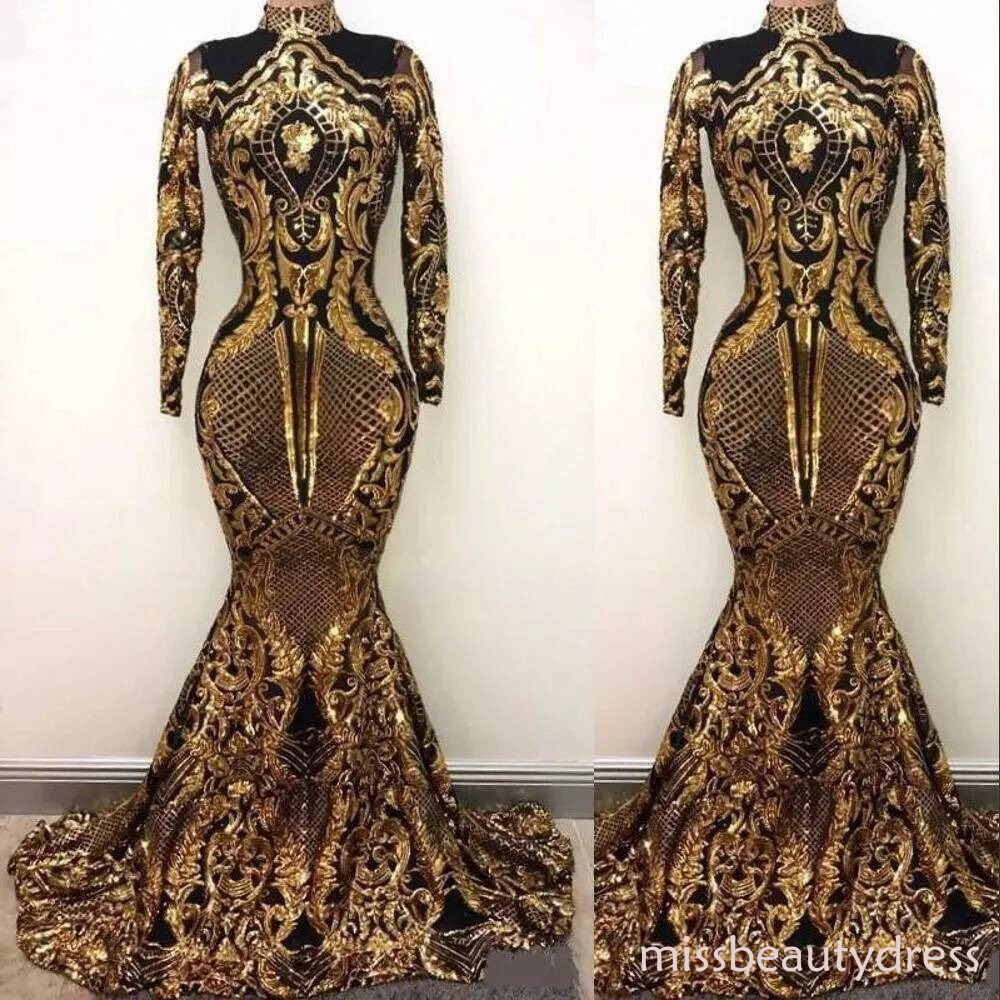 2026 Bling Luxury Long Sleeves Prom Dresses Mermaid High Neck Holidays Graduation Wear Black Gold Sequins Evening Party Gowns Custom Made