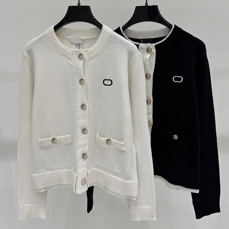 Minimalist Women Button Knit Outwear Crew Neck Rib Trim Embroidery Elegant Cardigan Autumn Formal Meeting Casual Commute Versatile Knit Coat
