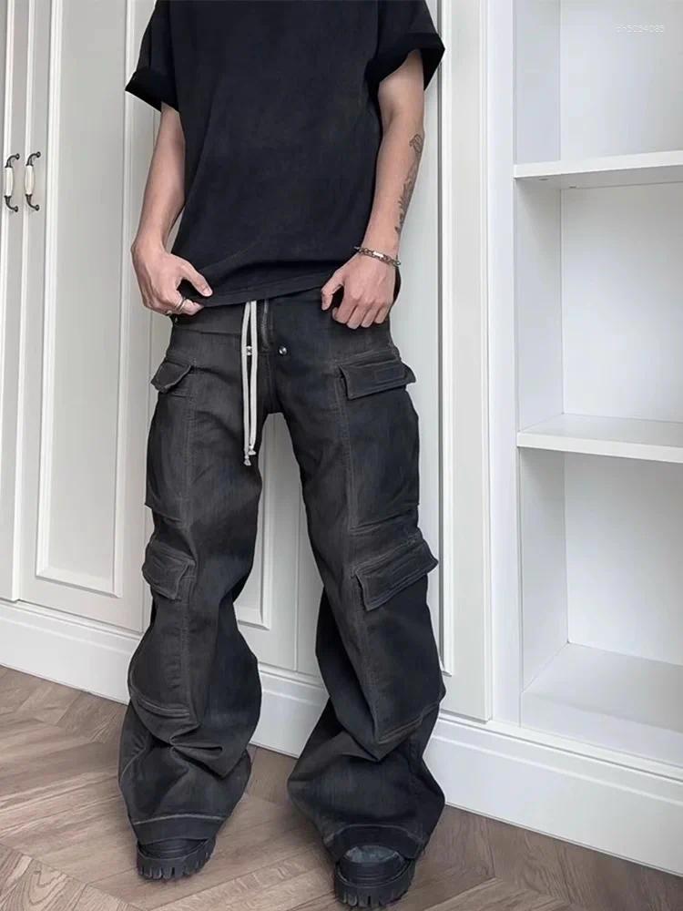 Men's Multi-pocket Design Retro Wide Leg Jeans Vibe Casual Cargo Pants Male Bottom Cool Boy High Waist Denim Y2k Trousers