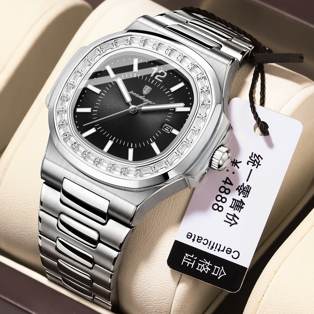 POEDAGAR Luxury Calendar Men's Luminous, Waterproof, Diamond-Encrusted Quartz designer Luxury goods Watch, Popular on Live Streaming and Foreig