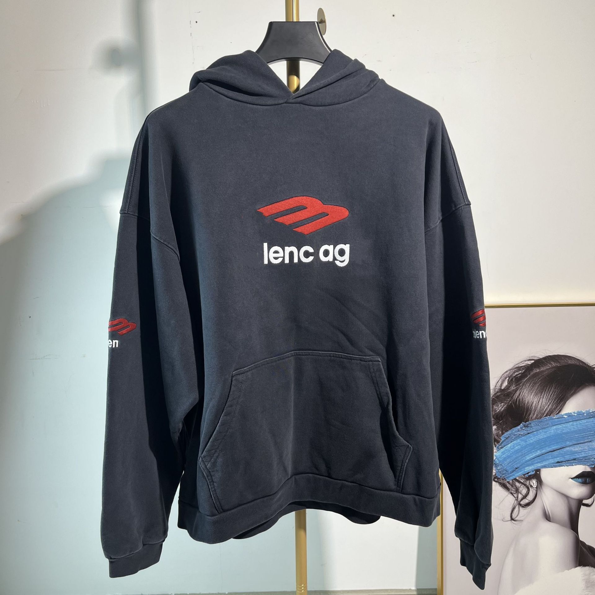 High-end version of the B brand M-logo embroidered fleece hoodie, custom-woven custom-dyed fabric, designer luxury oversized and loose-fitting sweat