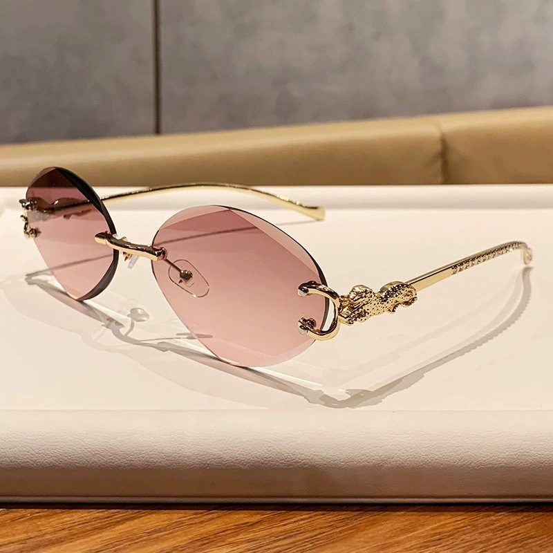 2026 New Style Frameless Oval Sunglasses European and American Cross-border Retro Leopard Head Metal Shades High-end Fashion Versatile
