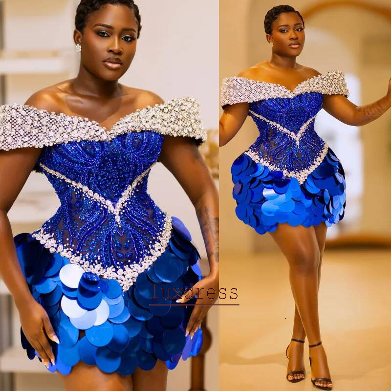 Plus Size Royal Blue Cocktail For Women Short Prom Dresses Illusion Off Shoulder Homecoming Crystal Pearls Pleated Beaded Lace Birthday Dress