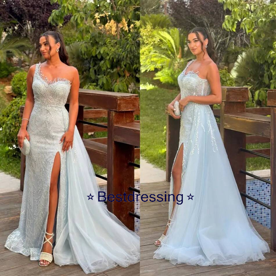 One Shoulder Mermaid Evening Dresses Gorgeous Split Sweep Train Prom Dress Sequins Beading Party Gown Customized Bd017