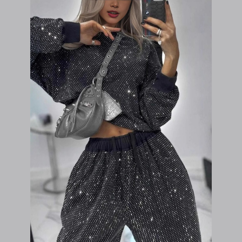 European And American Autumn Winter Hot-Selling Women's Clothing Starry Sky Full Of Stars Long-Sleeve Round Neck Loose Top Drawstring Wide-Leg