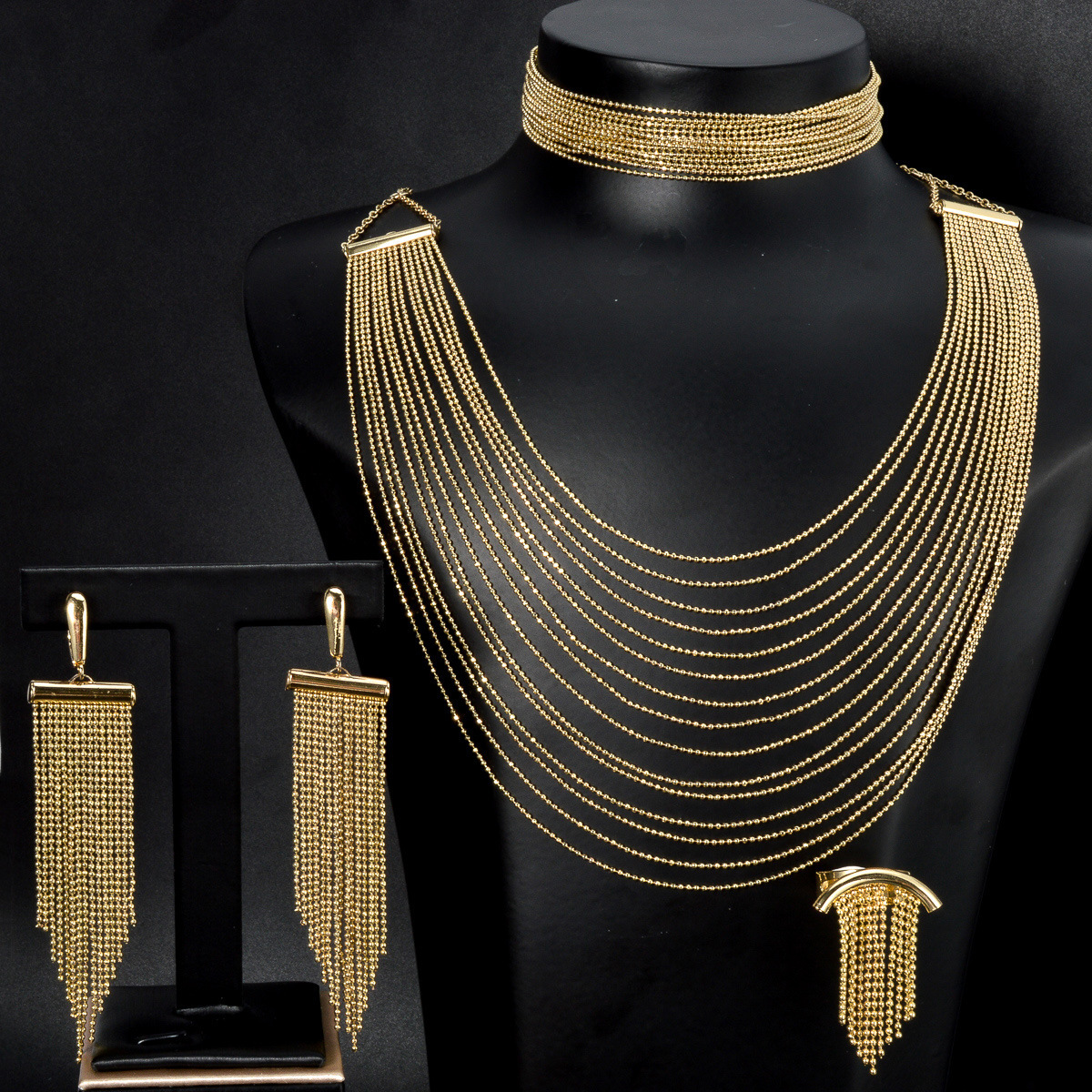 fashion 18K metal tassel high-end necklace, bracelet, earrings, ring, wedding party women's jewelry set