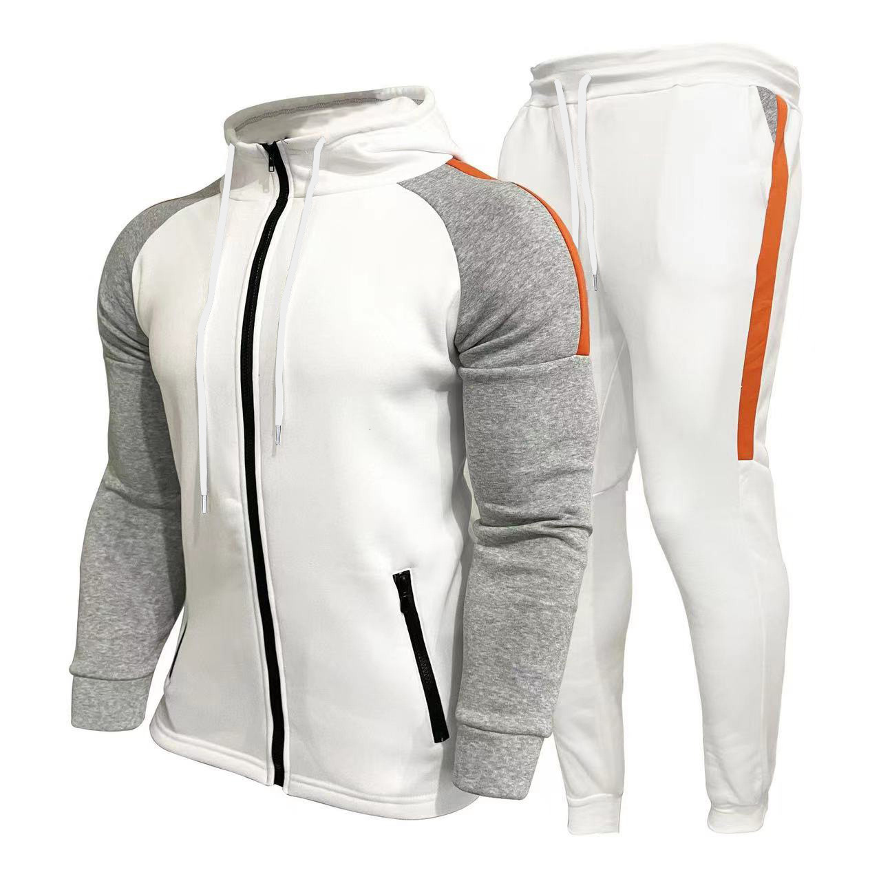 Men Color Block Cardigan Hoodie Two Piece Set 2026 Autumn Winter New Long Sleeve Long Pants Trendy Soft Athletic Outfit For Daily Casual Cold Weathe