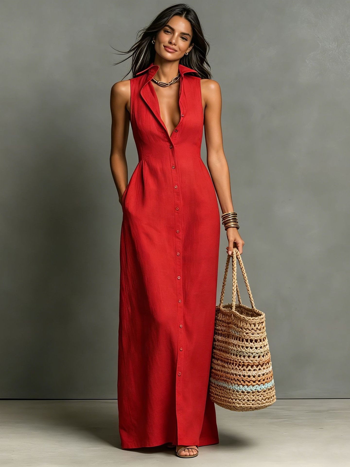 Brand, New Summer Collection Europe And America: Fashionable Casual Long Dress, Solid Color, Sleeveless, With A Turn-Down Collar, MAKOUFEI