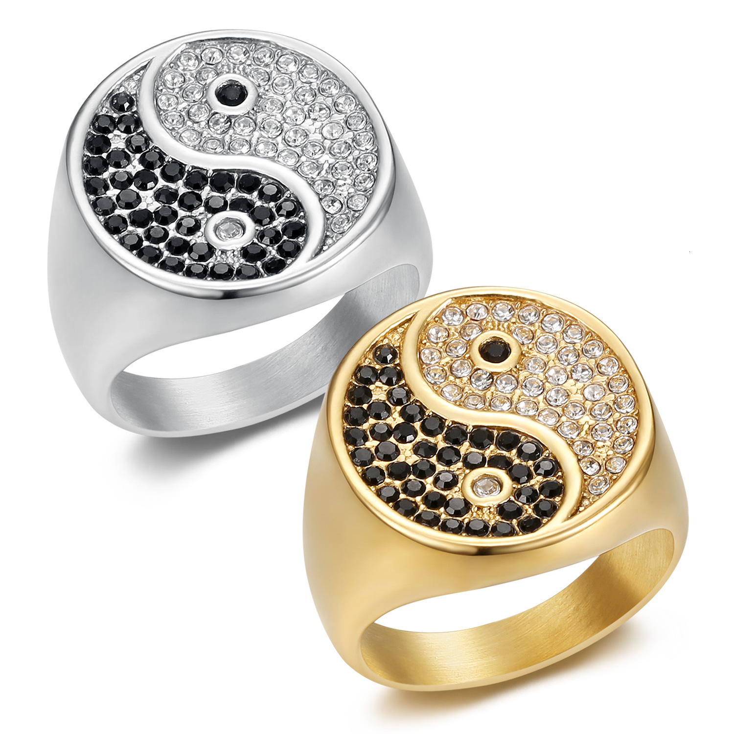 European American Hot-Selling Retro Stainless Steel Gold-Plated Tai Chi Pattern Inlaid with Black and White Diamonds Men's Ring