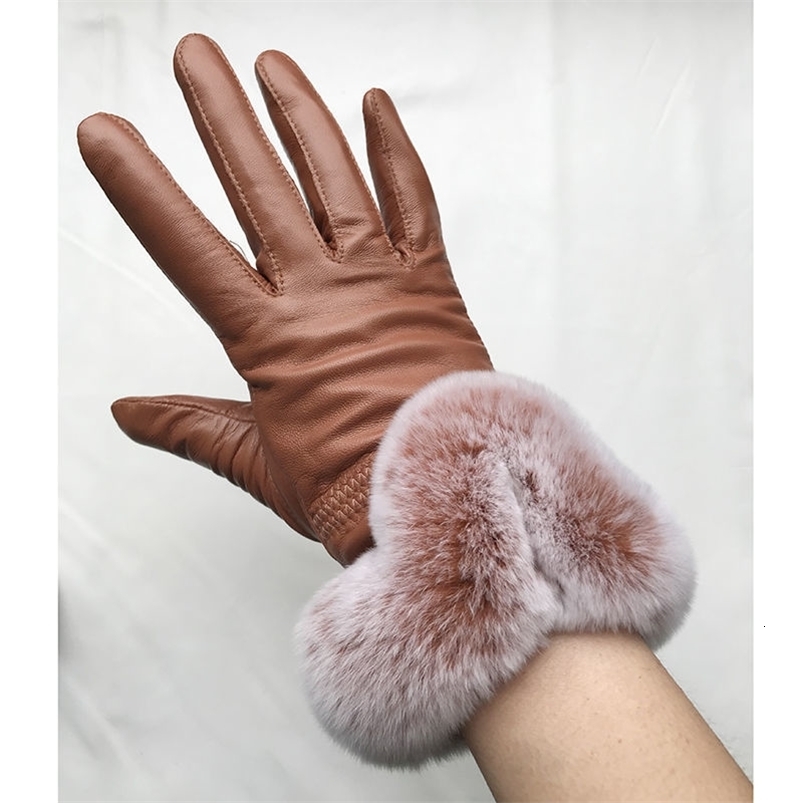 Women Winter Genuine Sheepskin leather Glove With Rex Rabbit Fur Cuff Warm Winter Female Genuine Leather Gloves Hand Warmer 261017