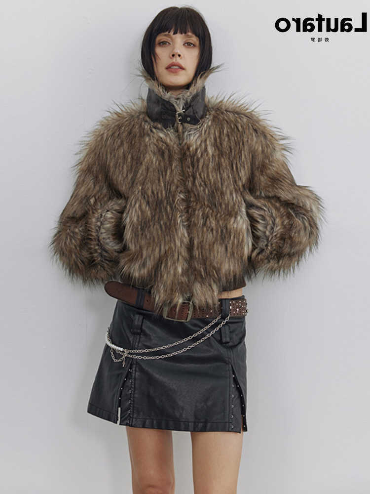 Autumn Lautaro Winter Short Warm Thick Hairy Shaggy Patchwork Raccoon Dog Fur Coat Women Zipper Fluffy Jacket 2024 S2610163ODU