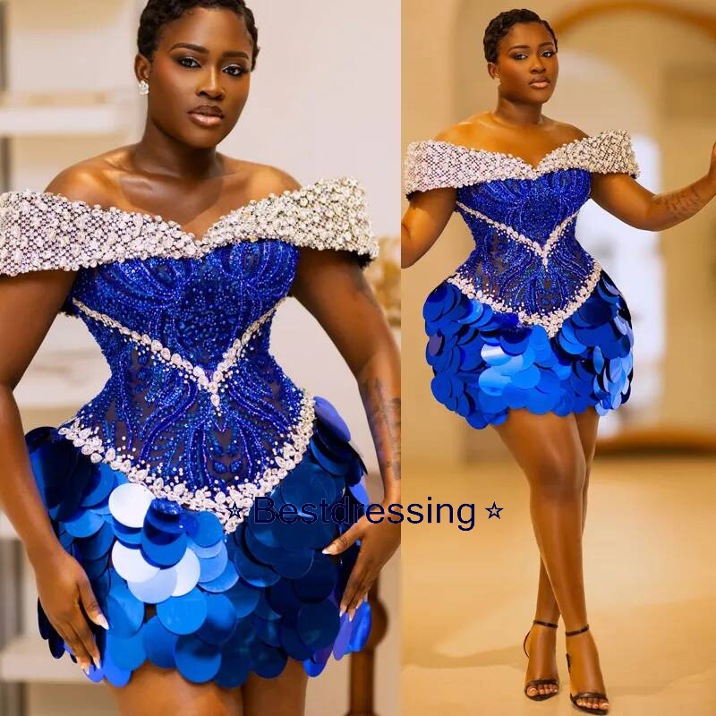Plus Size Royal Blue Cocktail For Women Short Prom Dresses Illusion Off Shoulder Homecoming Crystal Pearls Pleated Beaded Lace Birthday Dress C560 B