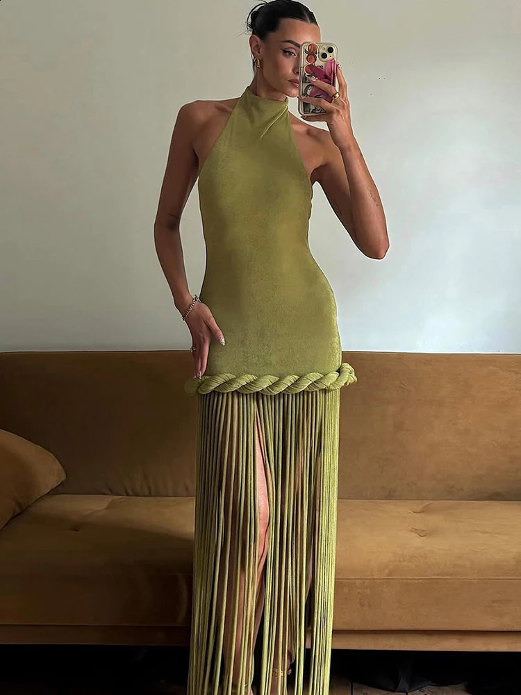 Nibber Tassel Decoration Elegant Long Dress Woman Sexy Backless Halter o-Neck Off Shoulder Midnight Prom Party Skinny Vestidos 261015