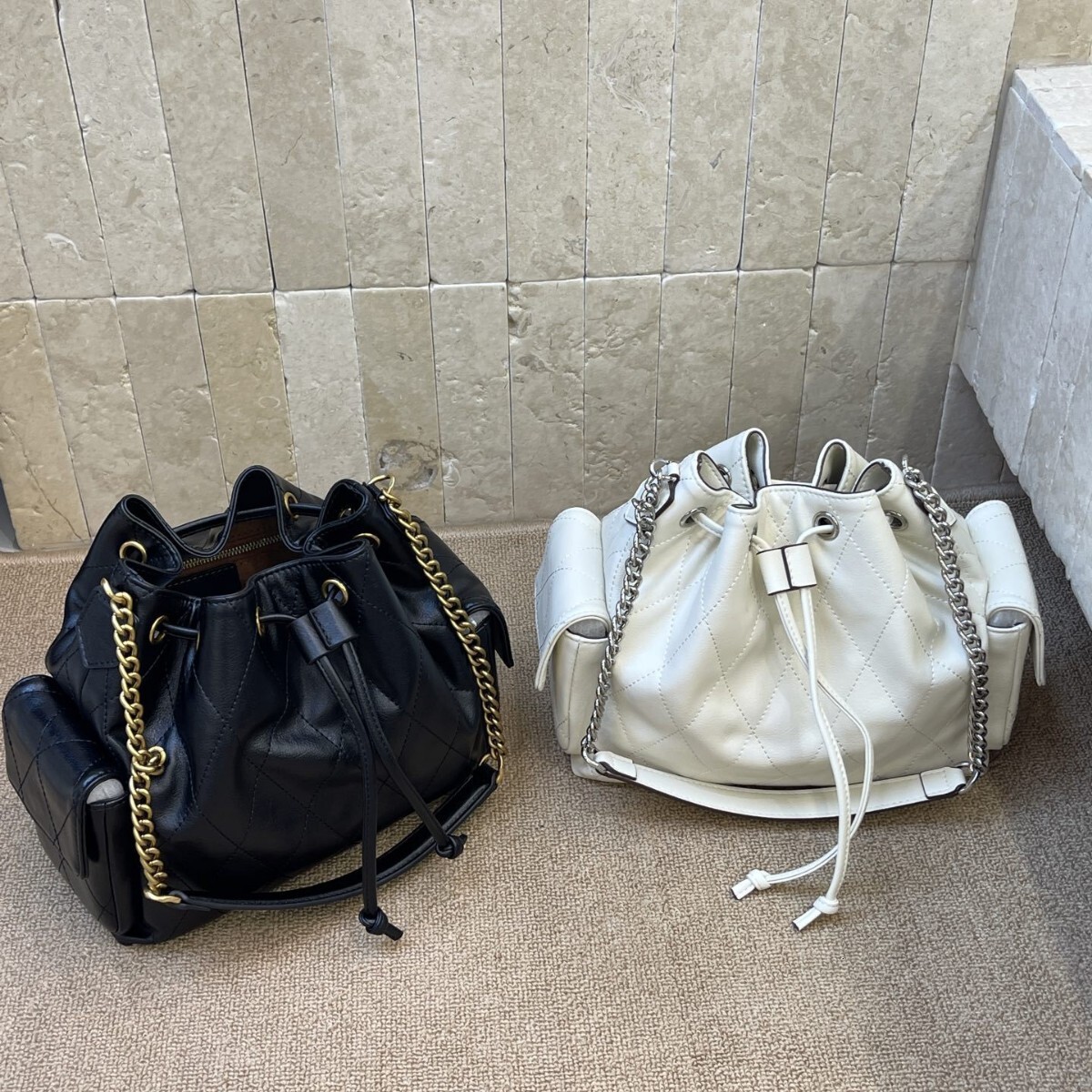 High quality TB niche design, genuine leather drawstring pocket chain bucket bag, HOBO style, high-end shoulder bag, crossbody bag, and underarm bag