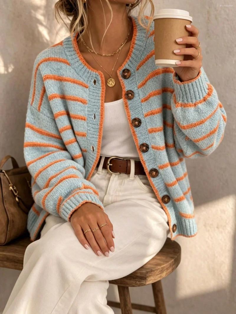 Women Contrast Striped Knit Cardigan Round Neck Drop Shoulder Long Sleeve Single Breasted Retro Lazy Casual Oversized Knitted Co