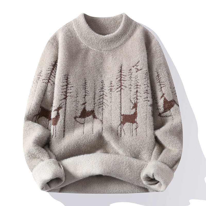 Men Faux Mink Crew Neck Sweater, New Autumn Winter Edgy Street Style Knit Pullover, Thick Warm Inner Wear Knitted Top