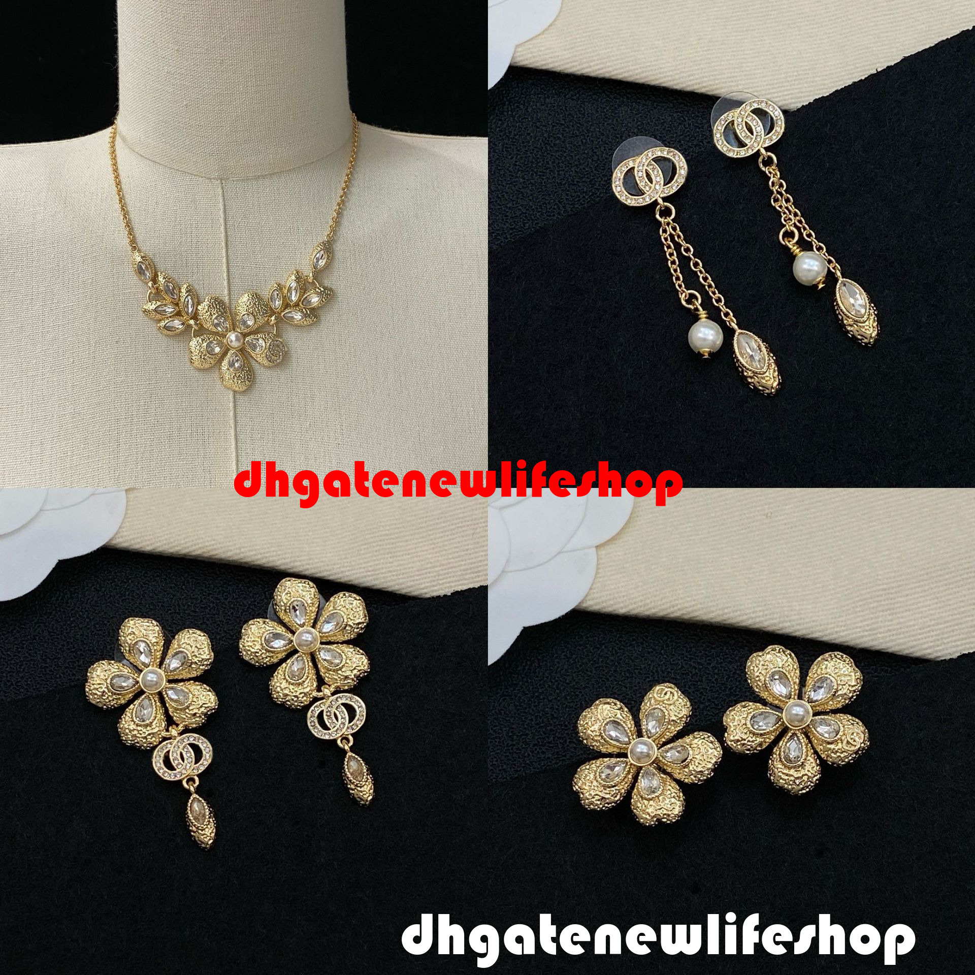 designer cc jewelry earrings /Double Exquisite Camellia Flower Pearl Diamond-Studded Necklace Earrings Women's Fashionable Jewelry channel earr