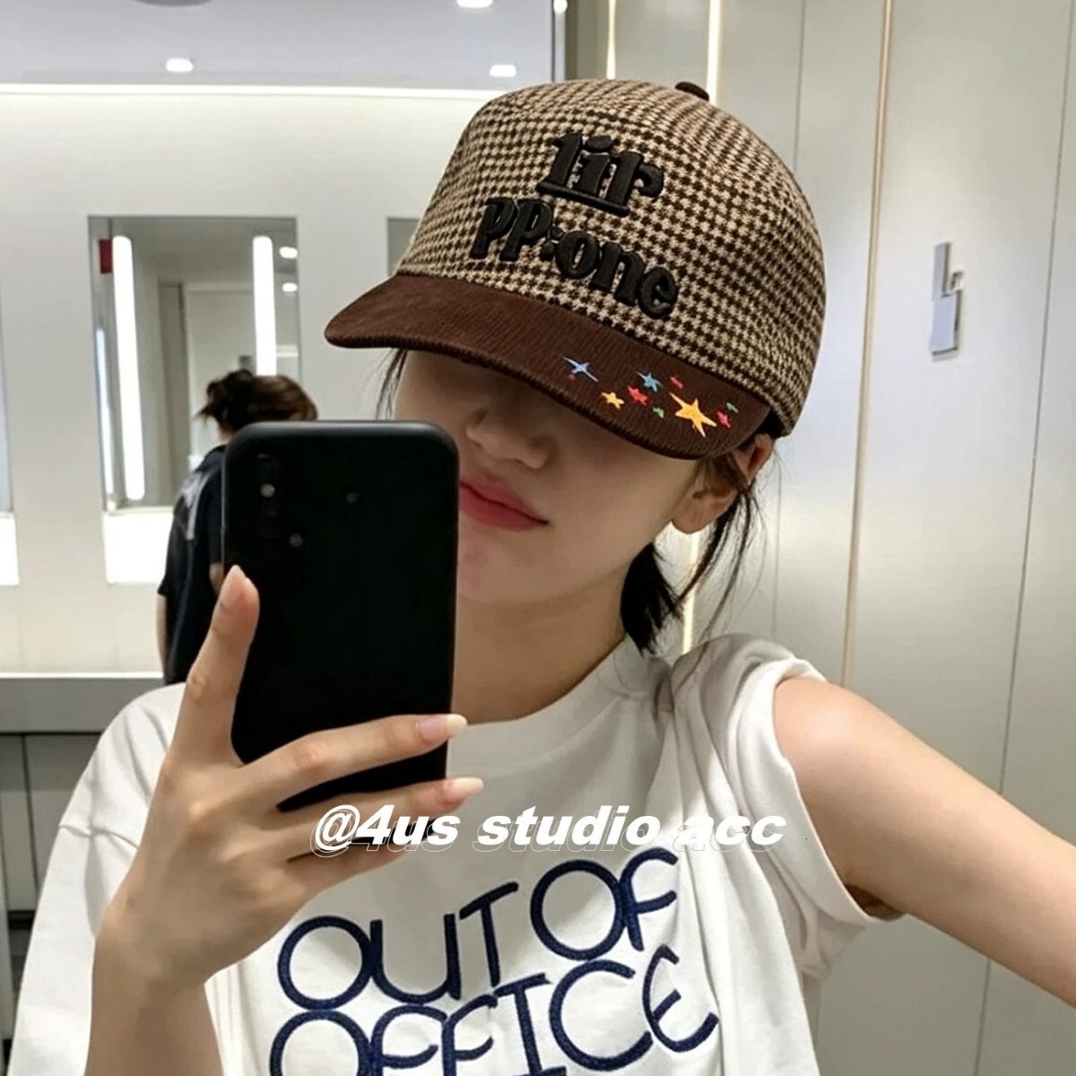 Early Autumn New Retro Houndstooth Color-Block Baseball Cap For Women, Featuring Star Letter Embroidery, Flat Top Design, And A Trendy Duckbill Brim