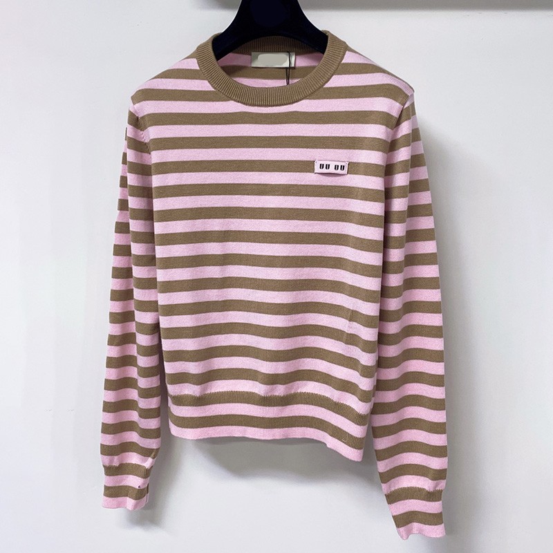 Designer Women Casual Knitted Shirts Striped Printed Crew Collar Long Sleeve Pullovers Autumn Daily Wear Vintage Wool Tees