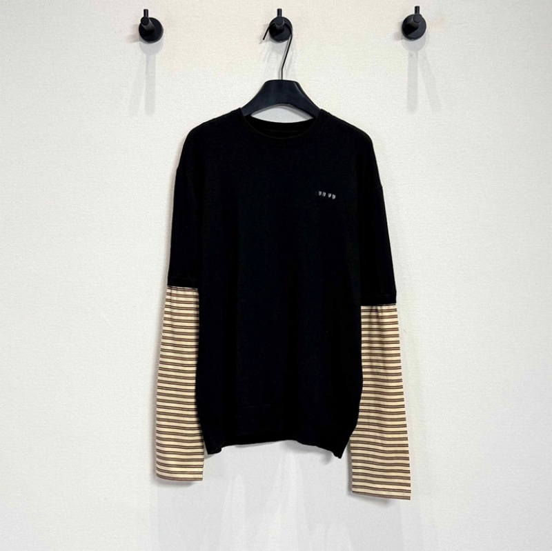 Designer Striped Sleeve Knit Pullovers Women Street Style Fake Two Piece Sweater Top Spring Autumn Vintage Casual Jumper Sweaters