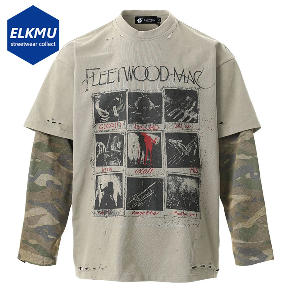 Camoufalge Patchwork Vintage T Shirts Two Piece Long Sleeve Tee Tops Men Streetwear Harajuku Oversized Hip Hop T-shirts 261014