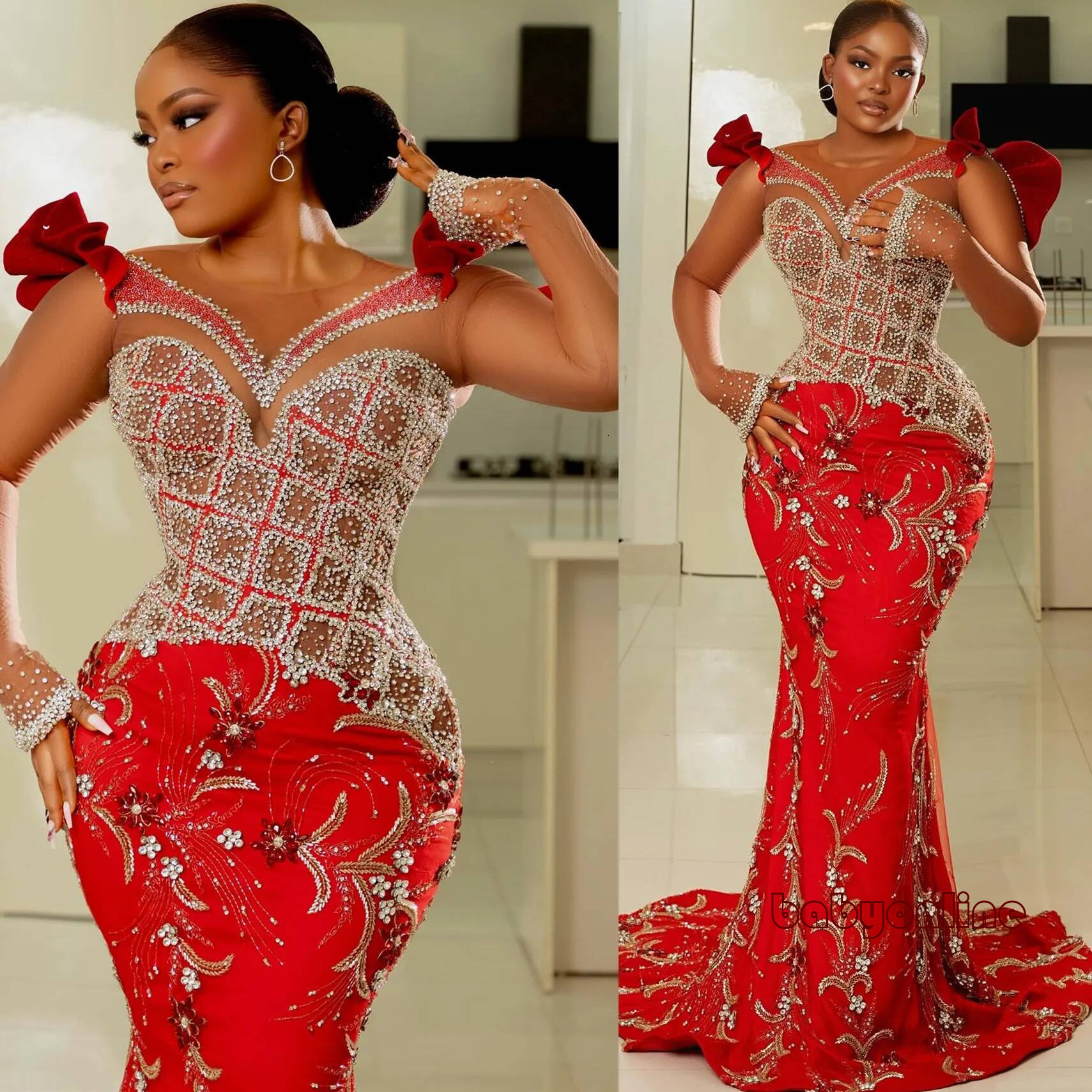 Plus Size Red Mermaid Prom Dresses For Special Occasions Luxurious Crystals Evening Formal Party Second Reception Birthday Engagement Gowns