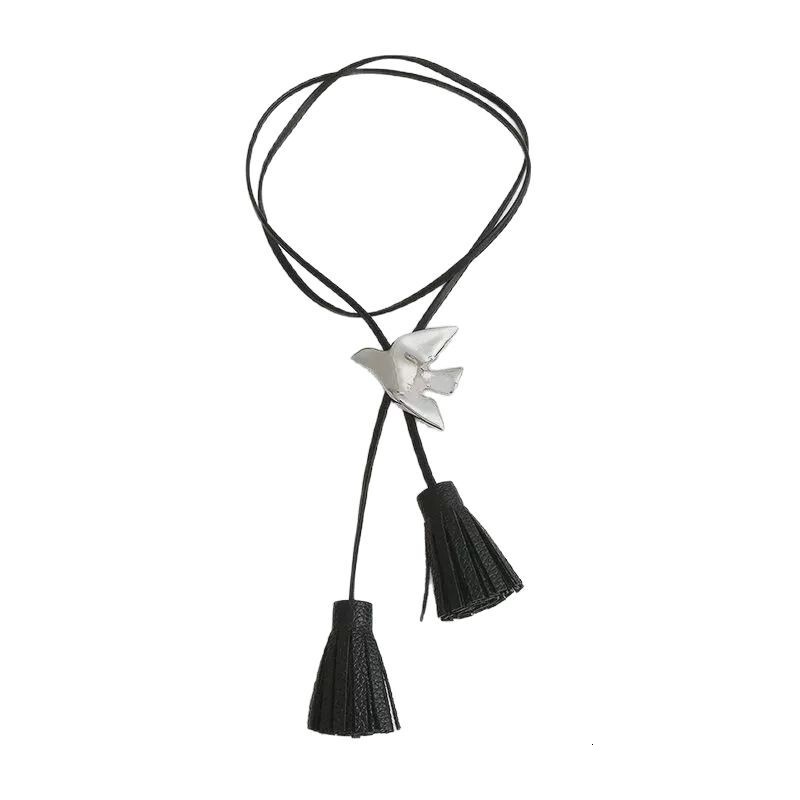 black cord bird pendant long necklace for women, high-end style, adjustable leather tassel, bird-themed sweater chain, trendy