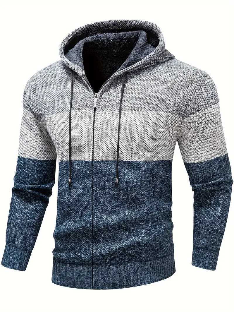 Patchwork Cardigan Men's Color Hooded Autumn Leisure And Comfortable Blocking Hooded Warm Zipper Style Sweater Size 3XL M261016