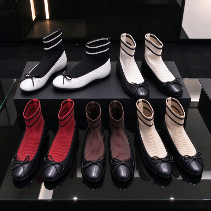 Designer boots luxury Women Round Toe Bow Ballet Sock Boots New Striped Knit Stretchy Ankle Boots Soft Leather Flat Walking Shoes