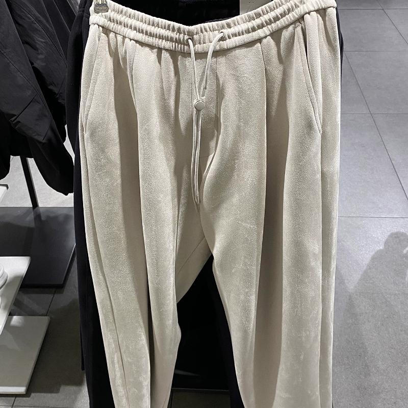 Pantalon de créateur en faux daim pour hommes, jambes larges, décontracté, ample, jambe droite, poches à taille élastique, couleur unie, printemp