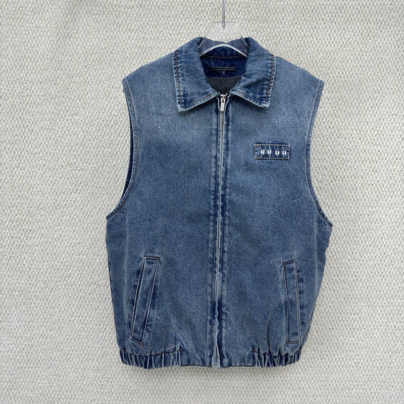 Vintage Washed Denim Vest For Women Lapel Collar Zipper Sleeveless Jean Gilet Autumn Daily Wear Casual Elastic Hem Waistcoat