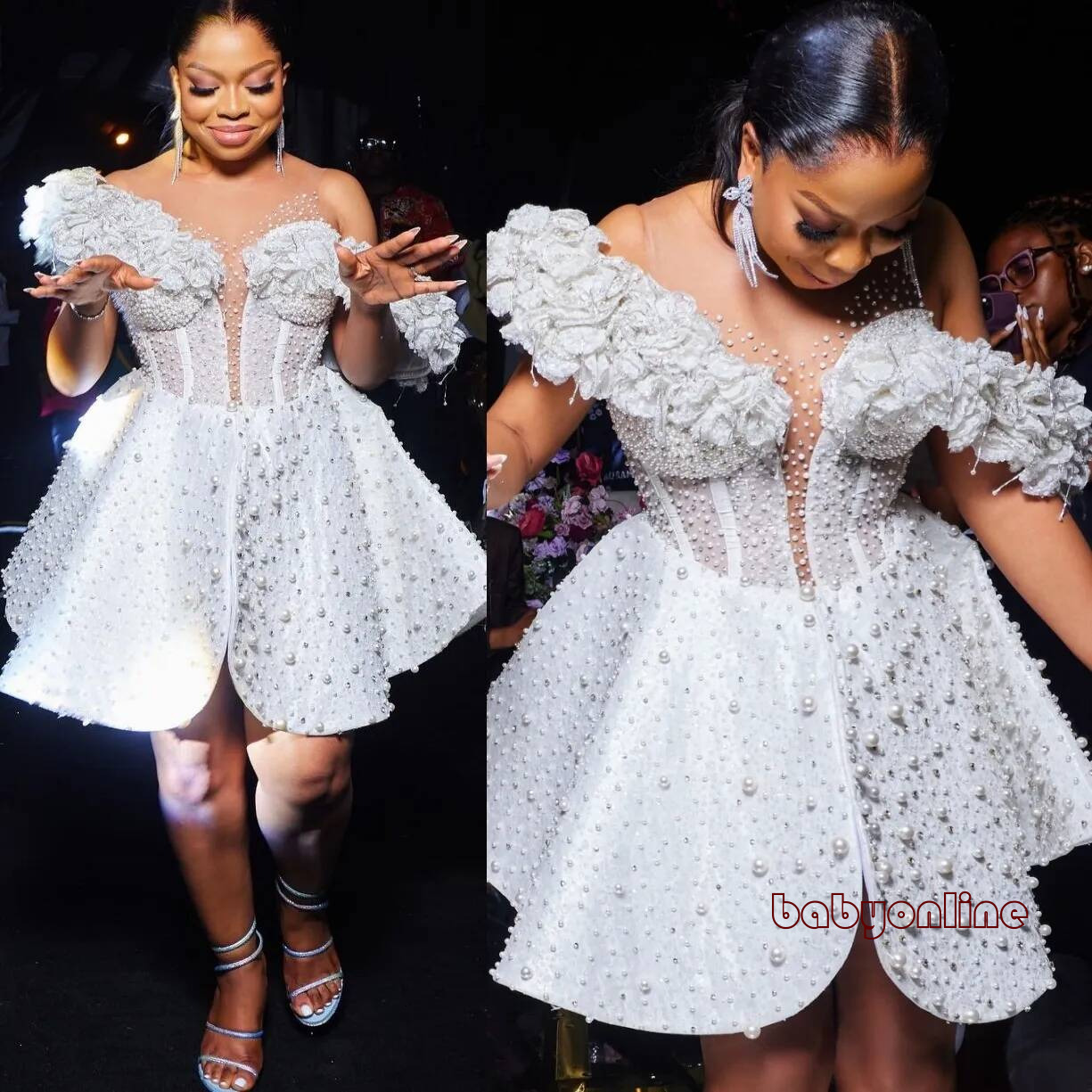 Aso Ebi Plus Size Ivory Mermaid Wedding Dress Sheer Neck Pearls Florals Beaded Short Sequined Bridal Gowns Dresses