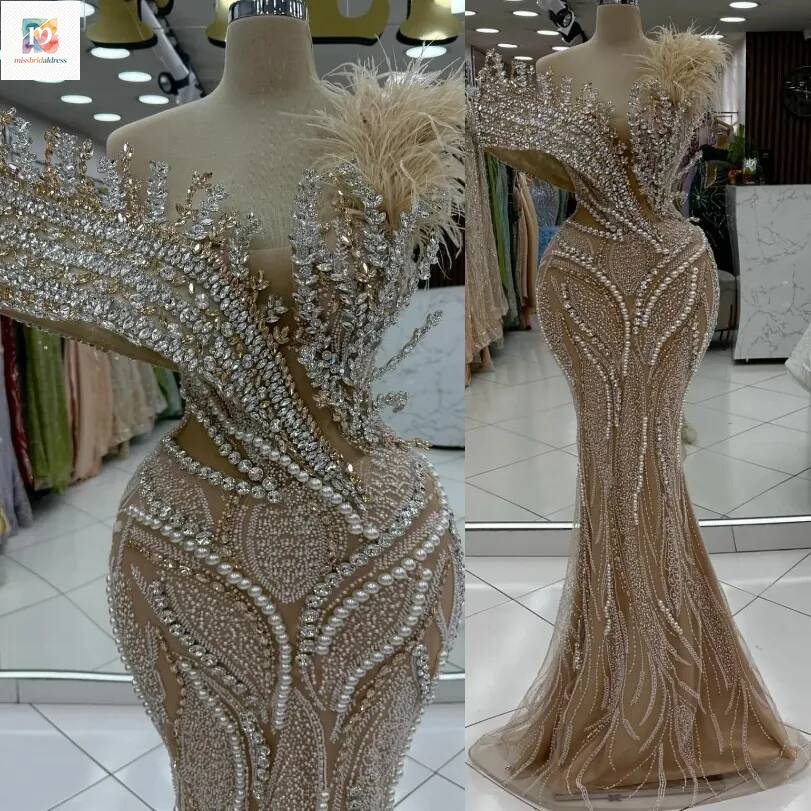 New Mermaid Prom Dresses 2026 Illusion Crystals Feather Evening Formal Party Second Birthday Engagement Gowns Plus Size Dress For Special Occasions