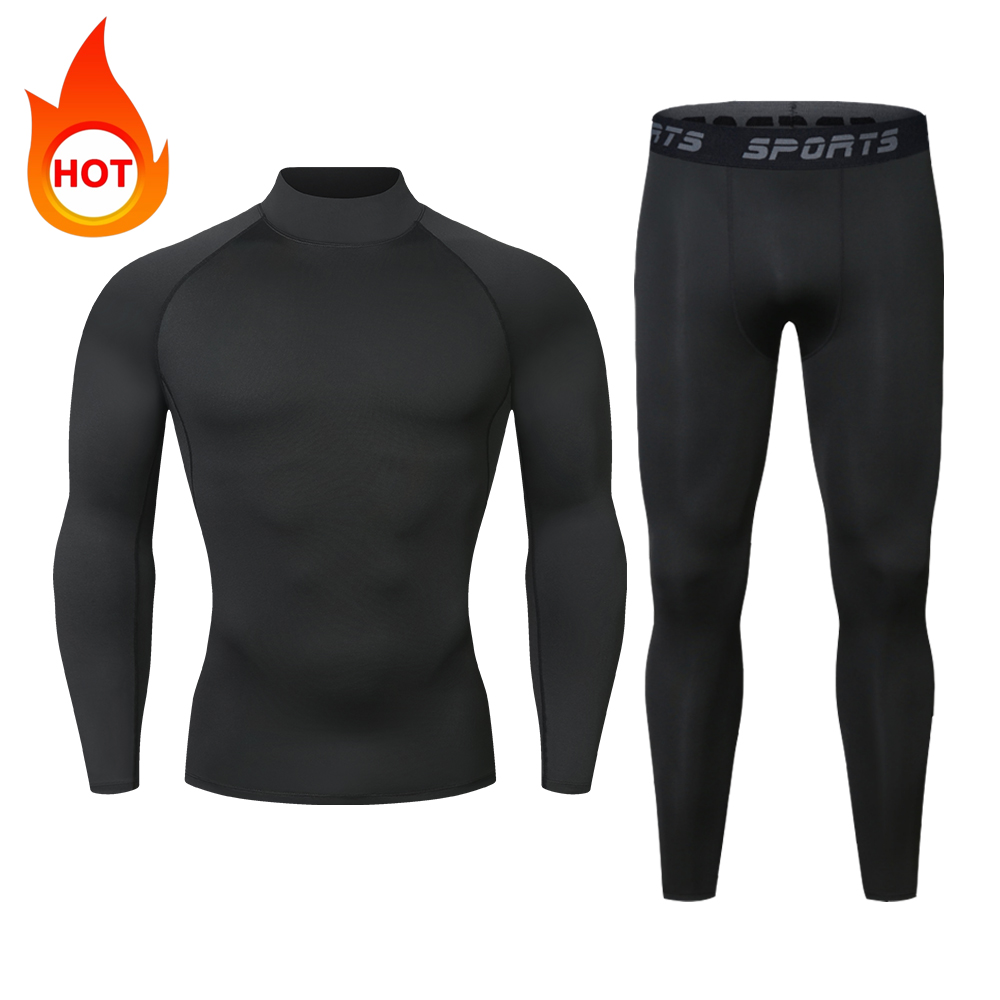 Mens Thermal Underwear Set Fleece Lined Winter Base Layer Turtleneck Workout Top and Bottom Quick Dry Thermal Long Sleeve Compression Shirts & Athle