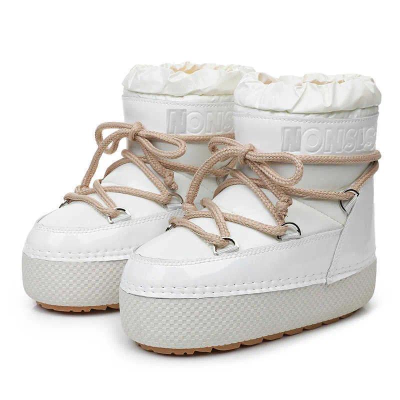Stylish Designer Short Boots Lace-up Snow Winter Women Platform Non-Slip Waterproof Leather Ski Female Thick Warm Cotton Boots