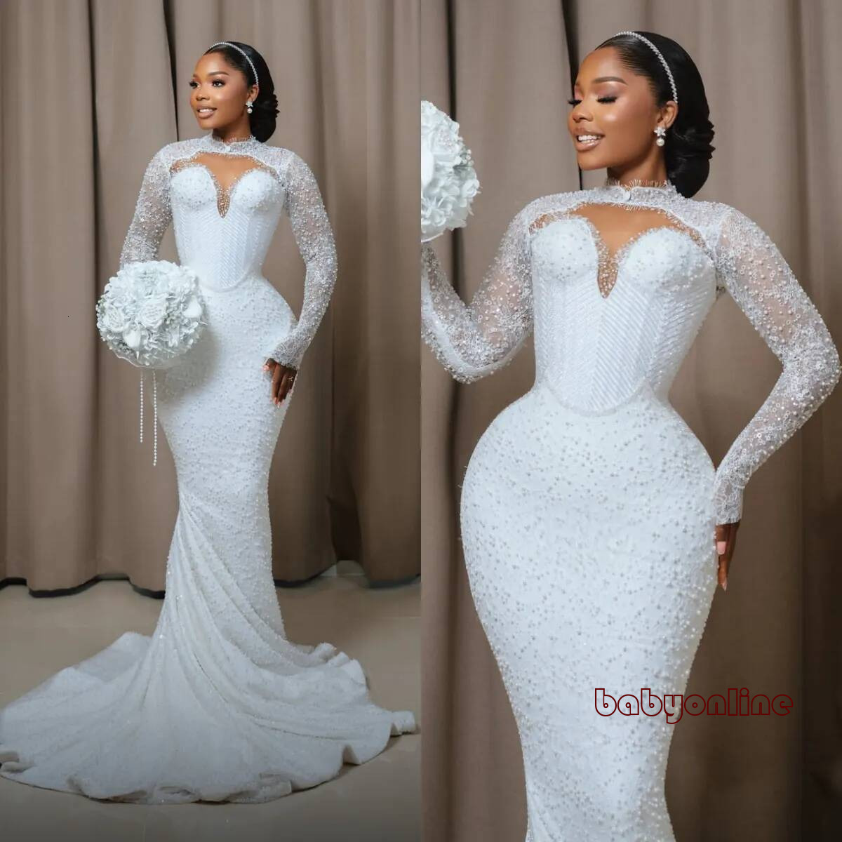 Elegant High Collar Long Sleeve Mermaid Wedding Sparkling Water Diamond Phantom Hollow Bride Dress Customized
