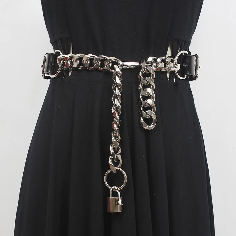 EAM Pu Leather Black Thick Metal Chain Long Wide Belt Personality Women Fashion Allmatch Spring Autumn 2024 1DD9566 240109