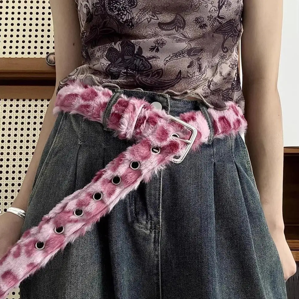 Retro Leopard Print Faux Fur Belt Y2k Pink Fur Belts Punk American Sexy Women's Waistband Winter Fluffy Waist Belt Accessories261019