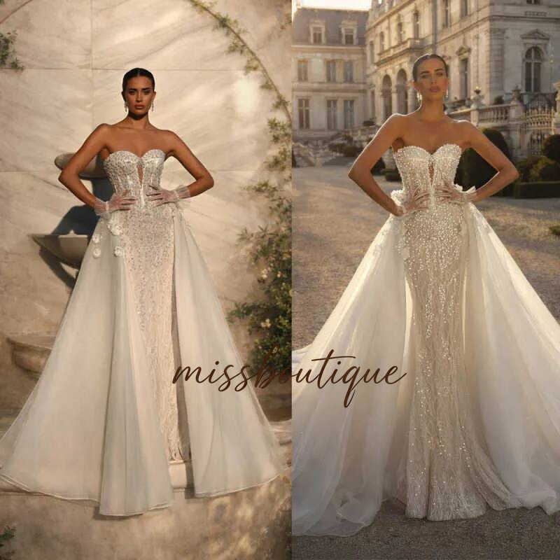 Gorgeous Sweetheart Mermaid Wedding Dresses Sleeveless Lace Pearls Bridal Gowns Detachable Train Appliques Robe De Mariee Q019
