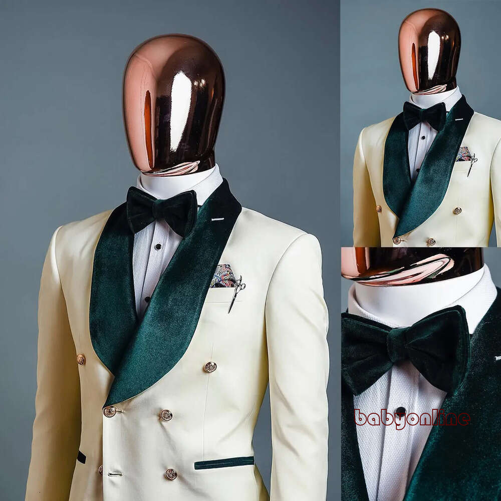 Suits Men Tuxedos 1 White Piece Wedding Tuxedo Green Veet Shawl Lapel Double Breasted Pockets Customize Coat Pants Fashion Formal Casual Prom Tailor