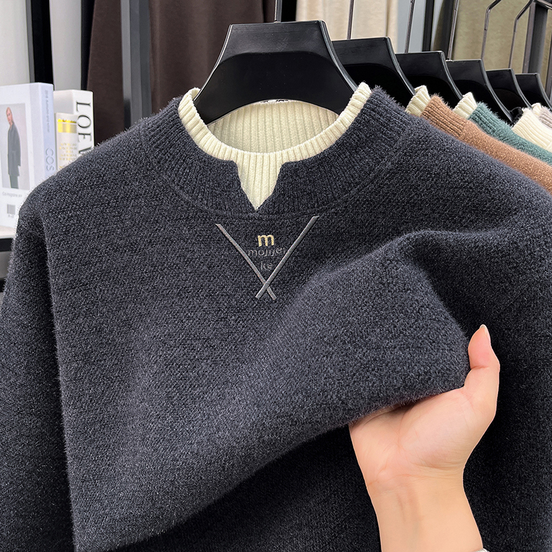 New Luxury Brand Embroidered O Neck Long Sleeved Sweater Winter Fake Two Piece Warm Knitted Pullover Fashion Casual Men S Wear Luxury