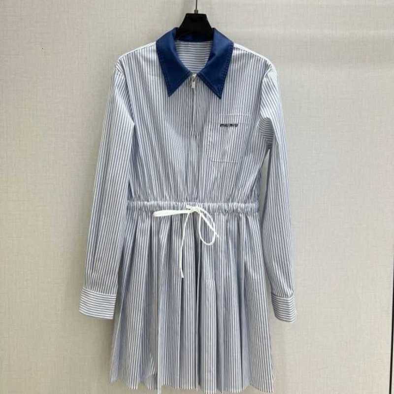 Basic & Casual Dresses Designer Autumn New Korean Style Color Block Turn-Down Collar Drawstring Waist Fashionable Simple Striped Long Sleeve Shirt D