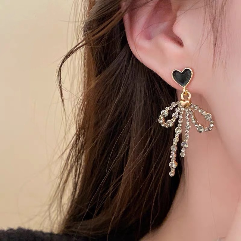 Luxury Brand Designer Jewelry Sweet-Style Earrings, Featuring Red Black Heart Bow Designs, Long Tassels, European American Aesthetic, Perfect For Ev