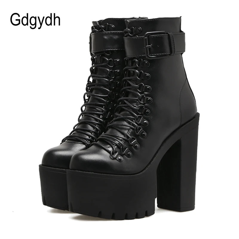 Gdgydh Fashion Motorcycle Boots Women Leather Spring Autumn Metal Buckle High Heels Shoes Zipper Black Ankle Boots Woman Lacing 261019