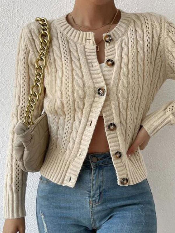 Women Autumn Plus Size Cable Knit Round Neck Button Down Cardigan Long Sleeve Outerwear Soft Knitted Sweater Casual Loose Warm Daily Street Top