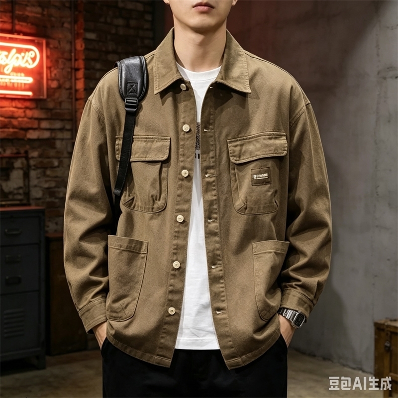 Retro denim jacket men's 2025 heavy casual lapel workwear hunting shirt y260929