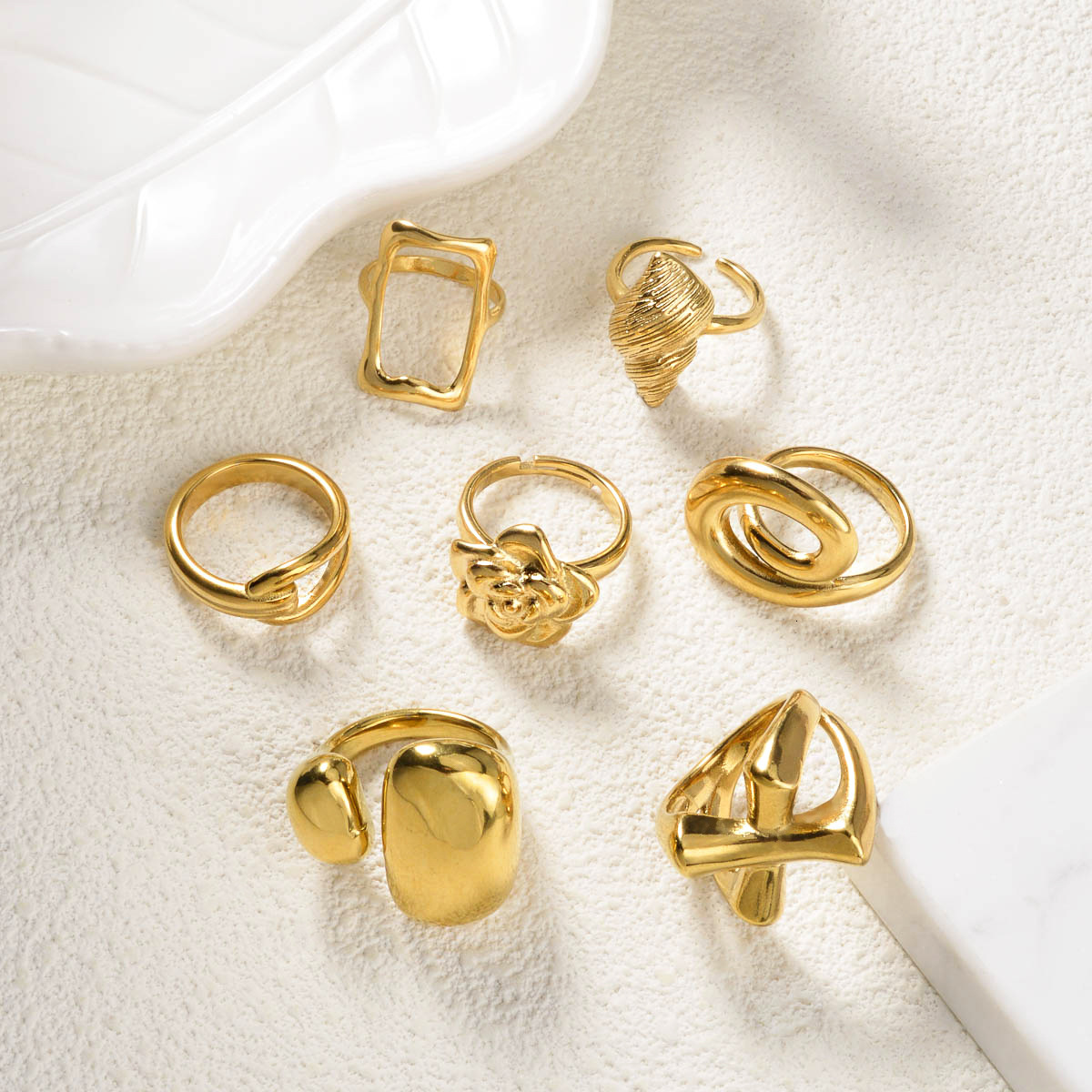 European and American Ocean Vacation Conch Fan INS Style Geometric Open High-End Feel Ring 5-Piece Set